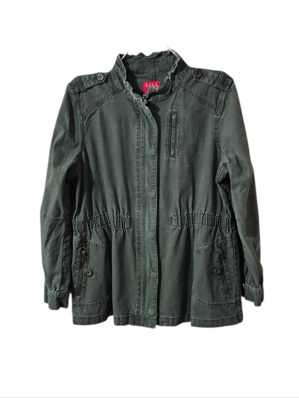 Elle Dark Olive Green Drawstring Waist Zip Up Military Utility Jacket Sz L EUC